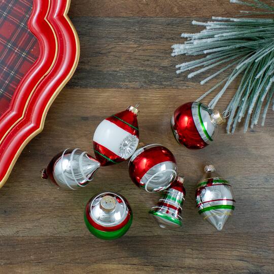9ct. Silver, Green & Red Striped 2-Finish Glass Christmas Ornaments